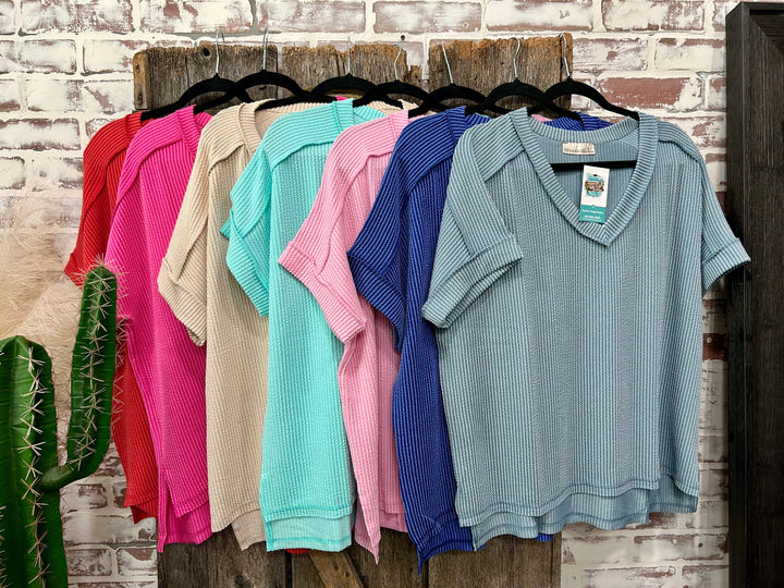 BEST SELLING CORDED BASIC V-NECK TOPS! 5  NEW SPRING COLORS!