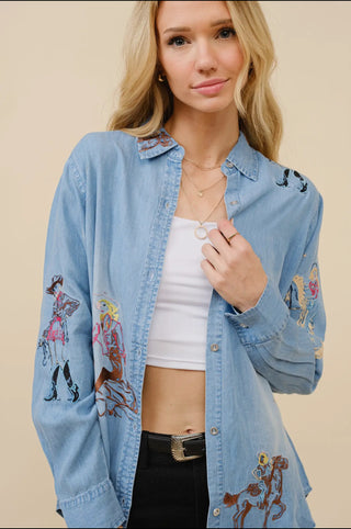 Embroidered Cowgirl & Rodeo Denim Button Down Shirt – Western Rodeo Style