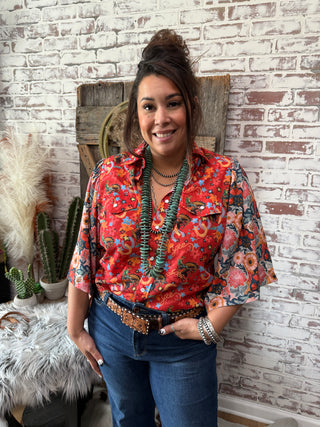 Wild West Rodeo & Floral Sleeve Retro Cowgirl Button-Down Pearl Snap Blouse – Western Fashion Top