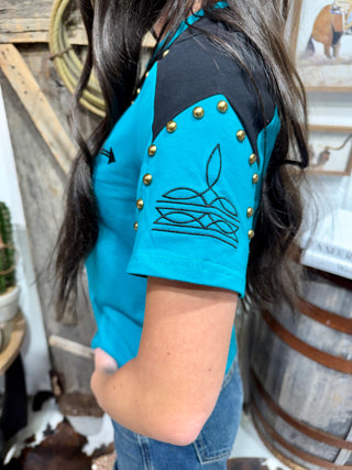 Ranch Studded Turquoise Boot Stitch Western Tee
