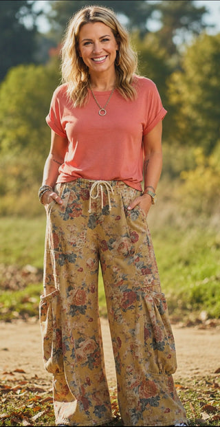 Floral Balloon Pocket Wide Leg Cargo Pants for Women – Boho Drawstring Pocket Pants