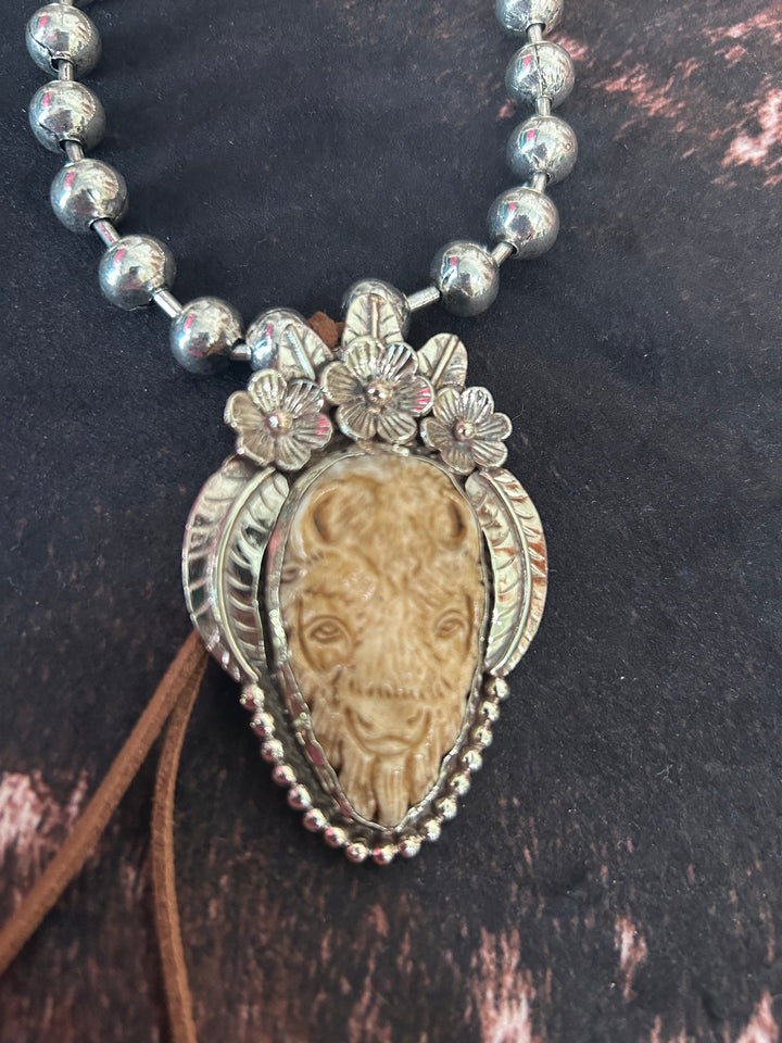 Carved Buffalo Pendant Necklace