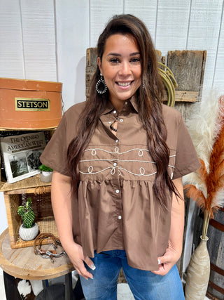 Chocolate Brown Peplum Rope Trim Babydoll Top-Loopty Lou, 2 Fly Co