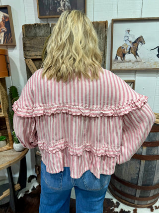 Back of Pink Stripe Ruffle Blouse for Women | Boho Cowgirl Peplum Top