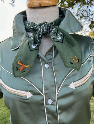 Roundup  Wild Rag – Olive Green Western Bandana Scarf with Longhorn Embroidery