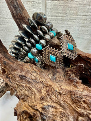 Turquoise Aztec Concho Stretch Bracelet Stack | Navajo Pearl Style Western Cuff Set Of 4
