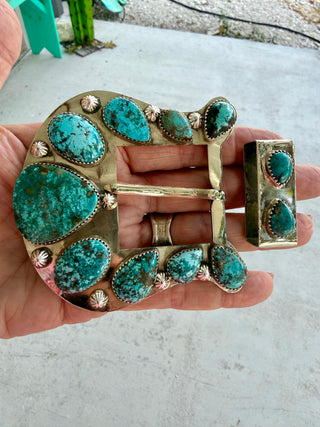 Genuine Turquoise Artisan Custom Statement Buckle & Keeper Set