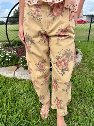 Easel Vintage Floral Barrel Pants | Mineral Washed Cotton Twill Pants- Oatmeal