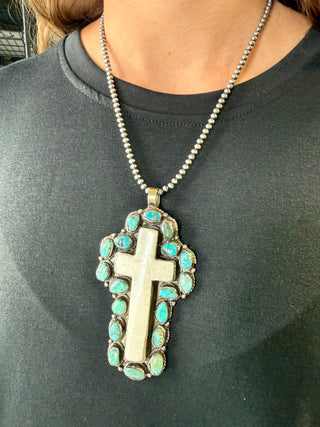 Large Tibetan Silver Carved Bone Cross Pendant | Turquoise Statement Pendant | Southwestern Jewelry