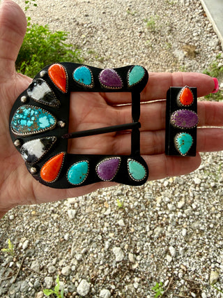 Custom Multi-Stone Western Belt Buckle Set | Sterling Silver Bezels on Surgical Steel Base