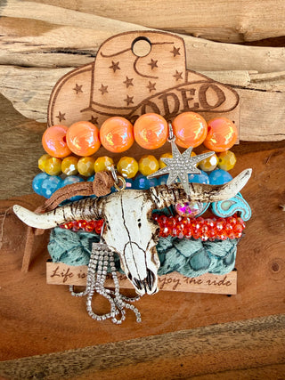 Colorful Western Longhorn Bracelet Stack | Orange Turquoise Cowgirl Stretch Bracelets