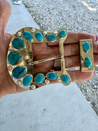 Custom Authentic Kingman Turquoise Statement Belt Buckle Set