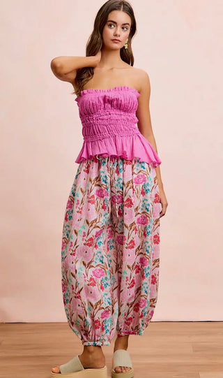 Blush Bloom Floral Balloon Pants | Boho Wide Leg Elastic Waist Pants