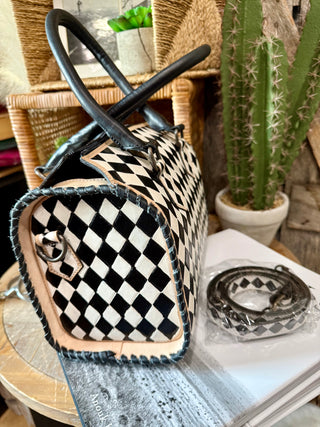 Hand Painted Black & White Checkered Speedy Bag- Medium