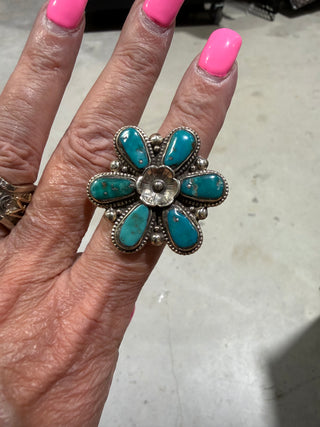 Nepal Turquoise Flower Statement Ring – Tibetan Silver Adjustable