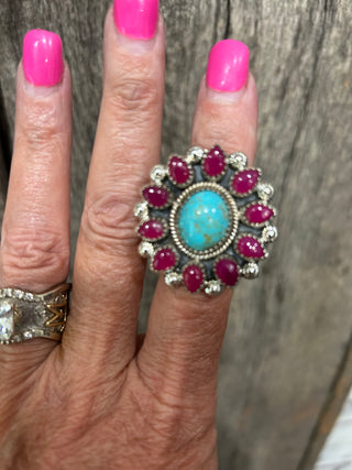 Sterling Pink Onyx & Turquoise Adjustable Ring