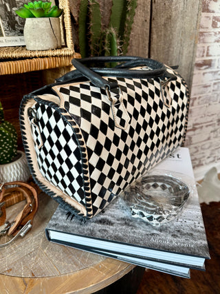 Hand Painted Black & White Checkered Western Speedy Bag- Large