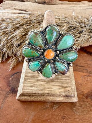 Green Turquoise & Orange Spiny Flower Statement Ring | Adjustable German Silver Ring