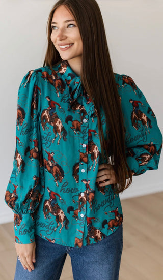 Howdy Cowboy Balloon Sleeve Button Down Top