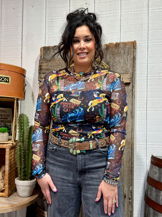 Black Cowgirl Collage Mesh Top | Western Graphic Long Sleeve