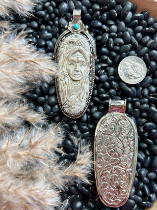 Carved Native American Pendant With Turquoise-German Silver