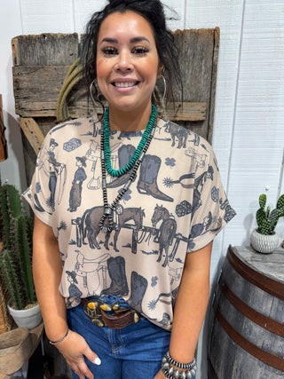 Vintage Western Ranch Print Tee for Women – Cowboy & Horse Graphic Cowgirl Top
