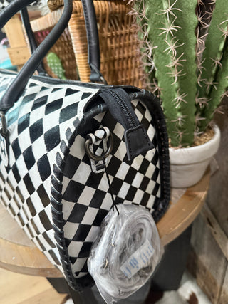 Large Black & White Checkered Speedy Leather Handbag – Western Barrel Style Purse