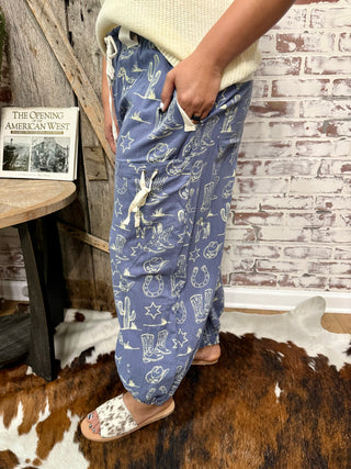 Denim Western Print Cowgirl Jogger Cargo Pants