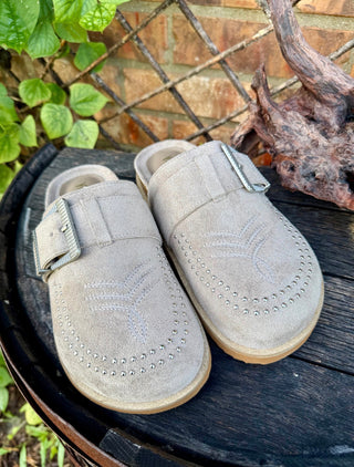 Cheyenne Trails Western Buckle Studded Suede Clogs – Taupe