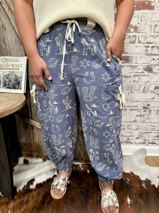 Denim Western Print Cowgirl Jogger Cargo Pants