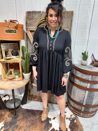 Black Embroidered Western Babydoll Dress Black Embroidered Western Babydoll Dress