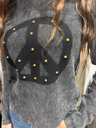 Peace Out Studded Mineral Wash Waffle Knit Top- Black