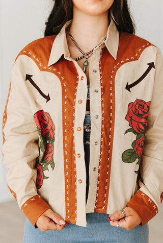 Western Saddle & Rose Button Down Shirt – Cream & Rust Cowgirl Graphic Top with Vintage Rodeo Style