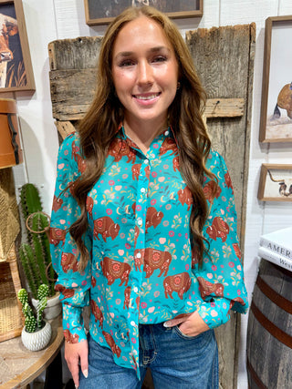 Turquoise Floral Buffalo Button-Up Sheer Blouse