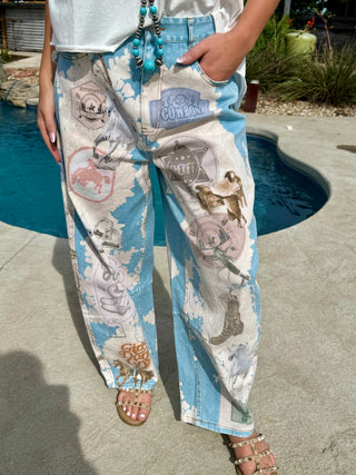 Cowboy Western Printed Barrel Jeans for Women | Vintage Rodeo Wide Leg Denim Pants