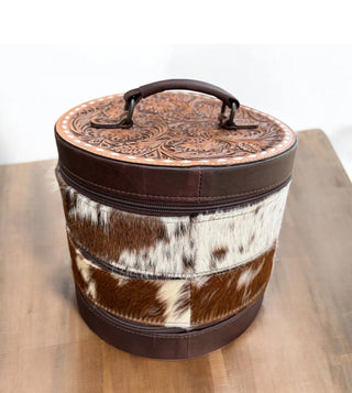 Cowhide & Tooled Leather 3 Tier Makeup & Jewelry Combo Case