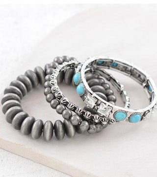 Turquoise Concho & Navajo Pearl Western Bracelet Stack | Silver Stretch Cowgirl Set of 4