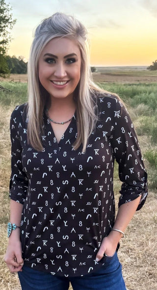Forever Branded Western Top |  Black Cattle Brand Print