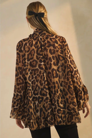 Leopard Print Chiffon Bow Tie Blouse | Flowy High Low Ruffle Hem Statement Top