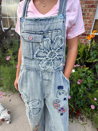 Vintage Flower Patch Denim Overalls | Boho Embroidered Wide Leg Jumpsuit- Restock coming
