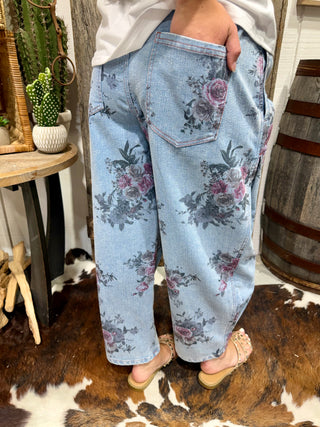 Back details Easel Vintage Floral Barrel Pants | Mineral Washed Cotton Twill Pants- Washed Denim
