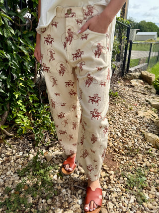 Western Cowboy Toile Barrel Leg Pants – High Waisted Cowgirl Print Twill Trousers
