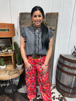 Black Ruffle Washed Denim Button-Up Top | Sleeveless Tencel Chambray Blouse