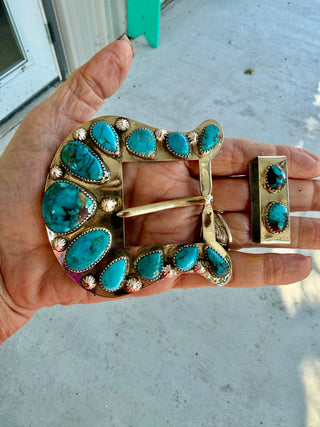 Custom Authentic Kingman Turquoise Statement Belt Buckle Set