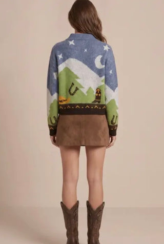 Western Cowboy Scenic Cardigan Sweater | Blue Multi Collared Button-Up Knit