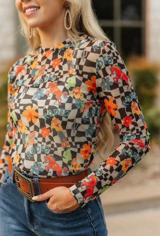 Rodeo Check Mesh Top | Western Checkerboard Long Sleeve Mesh Top