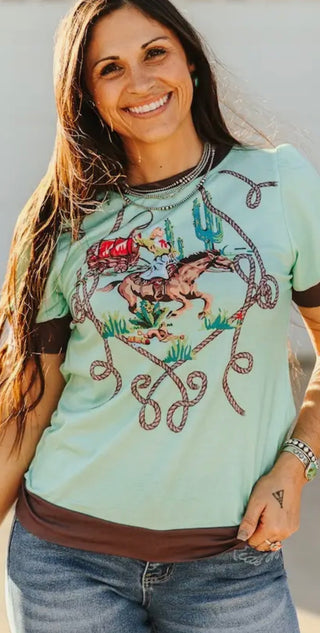 Western Cowboy Graphic Tee – Vintage Retro Horse & Wagon Shirt for Women