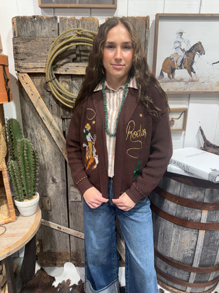 Bronc Rider Rodeo Embroidered Cardigan- Brown
