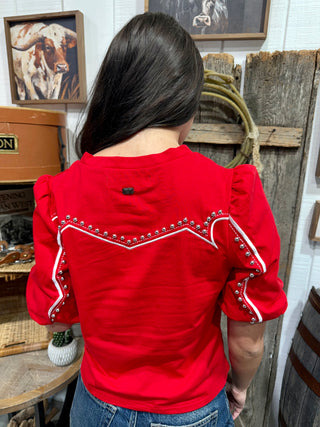 Red Studded Western Puff Sleeve Top