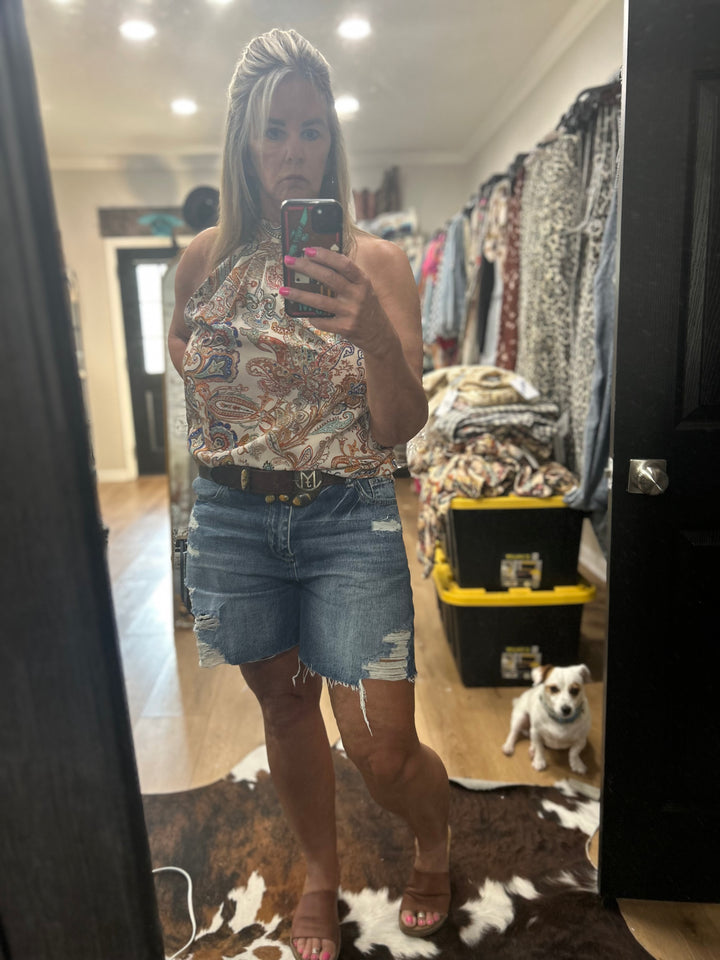 High Rise Relaxed Distressed Bermuda Shorts